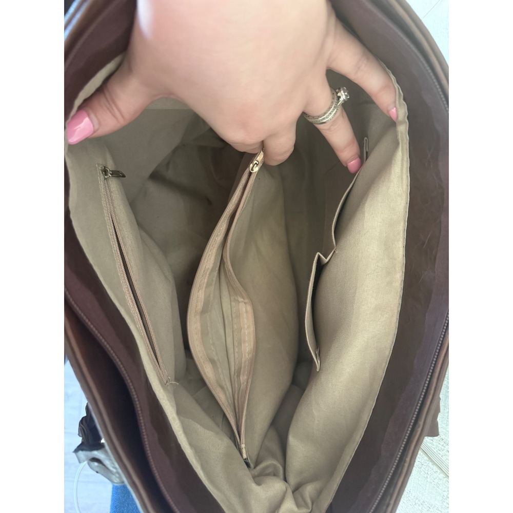 WEIMEIBAIGE Brown Faux Leather Tote Bag Braided Straps Whipstitch Pocket - Picture 4 of 6
